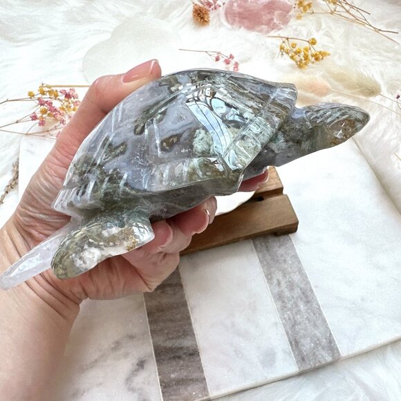 Gorgeous Large Moss Agate Sea Turtle Carving - Picture 7 of 9